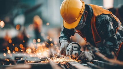 A construction worker wearing safety gear uses an angle grinder, creating sparks in an industrial setting.