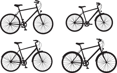 Four distinct bicycle silhouettes showcasing different styles and perspectives silhouette