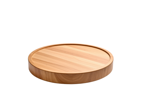 Circular light wood tray with a raised rim featuring a striped pattern from laminated wood grain.