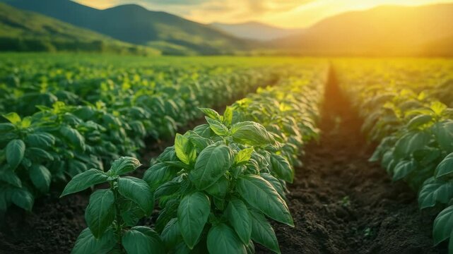Green basil plant growing in fertile soil field with sunlight shining over mountain background at sunset, fresh herb farm with vibrant green leaves and natural environment