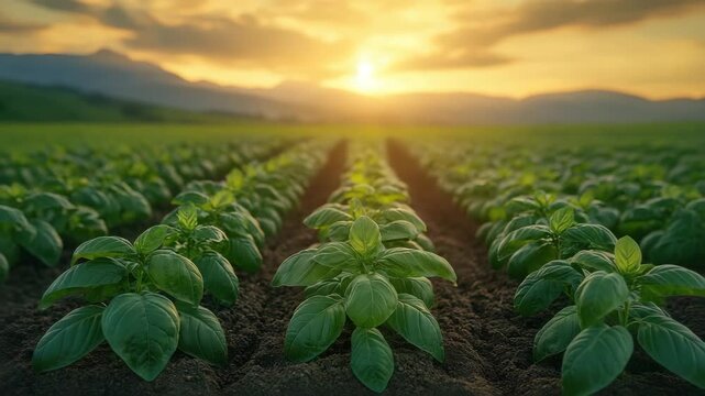 Young green basil plants grow neat rows fertile soil warm golden sunset, creating peaceful and vibrant agricultural landscape full of life and growth young basil plant growing soil field with sunrise