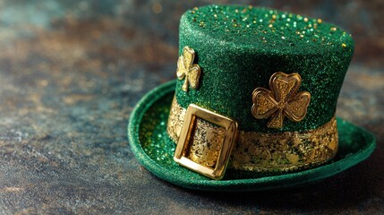 Glittery green leprechaun hat with gold shamrock decorations and buckle, symbolizing St. Patrick's Day on a textured background.