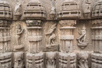 Intricate carvings at Mallikarjun Temple, incarnations of Vishnu, and carvings depicting deities such as Rama, Laxmana, and Sita, 13th century, Loni Bhapkar, Morgaon, Maharashtra, India.