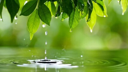 Raindrops falling from green leaves creating ripples on a serene water surface - Powered by Adobe