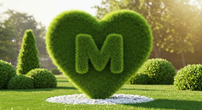 Green heart shaped topiary with letter m isolated on white background