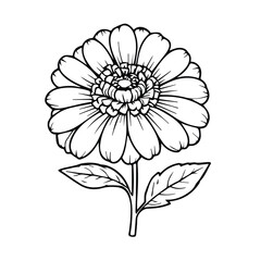 Black and white line art illustration of a flower with detailed petals and leaves. Botanical illustration of a flower in profile view against a plain white background.