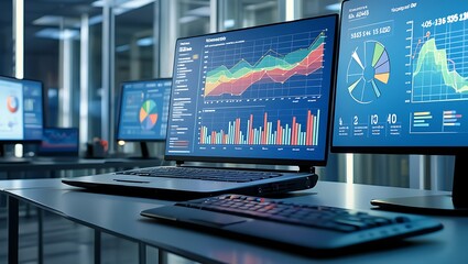 Digital financial data displayed on a laptop screen with a stock market chart and graph illustrates business technology and internet finance