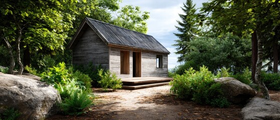 minimal house scandinavian concept. A rustic wooden cabin surrounded by lush greenery and large rocks.