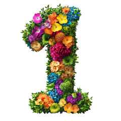 Colorful bush trimmed in the shape of number 1 isolated on transparent background