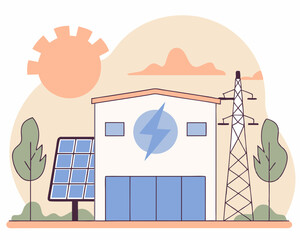 Renewable energy power station illustration depicting sustainability and clean energy with solar panels and power lines for design