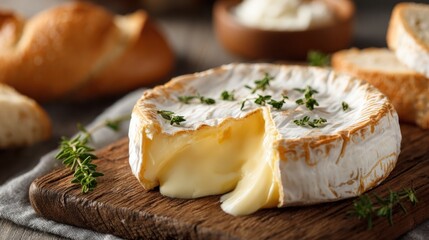 Creamy camembert cheese with herbs on a wooden board, accompanied by bread slices, creating a rustic and appetizing presentation.