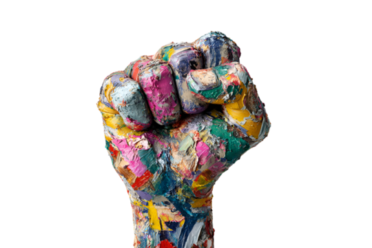 Fist covered in thick colorful impasto oil paint against a black background