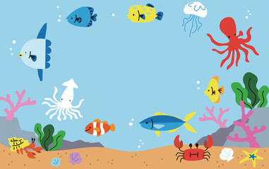 Obraz premium 海の魚介類のベクターイラストフレーム素材