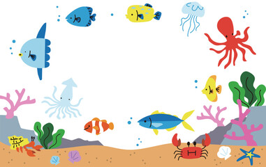 海の魚のベクターイラストフレームセット