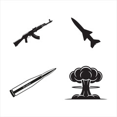 Collection of black silhouette icons representing warfare including a rifle missile bullet and nuclear explosion