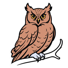 Obraz premium Owl illustration perched on a branch against a plain background. Detailed, stylized design with bold outlines and solid color.