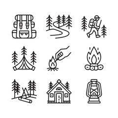 Collection of stylized line art icons of camping and outdoor adventure activities