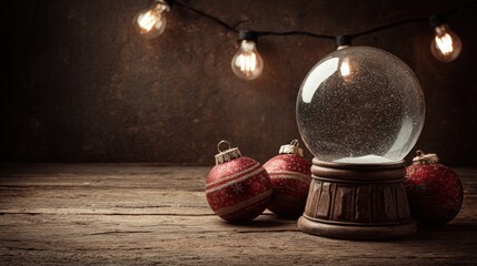 A festive scene with a snow globe and red ornaments on a wooden table, illuminated by warm string lights in a cozy, rustic setting.