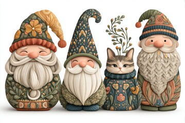 Fototapeta premium Three Gnomes and a Cat in Winter Sweaters