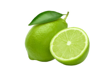 Fresh Green Lime with Leaf and Half Cut Lime Isolated on Transparent Background