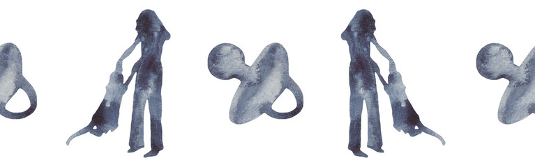 Watercolor border with silhouettes of a baby and family.Brush strokes in the form of blue silhouettes of bear.Silhouette of toy on white background