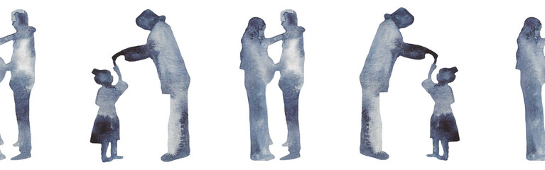 Watercolor border with silhouettes of a baby and family.Brush strokes in the form of blue silhouettes of bear.Silhouette of toy on white background