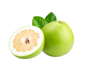 Fresh green pomelo fruit whole and halved with leaves showing its pale yellow segmented flesh.