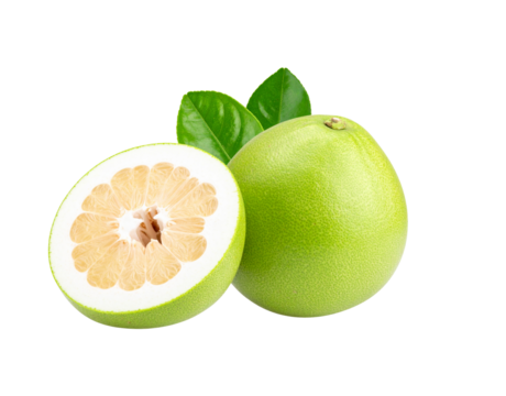 Fresh green pomelo fruit whole and halved with leaves showing its pale yellow segmented flesh.