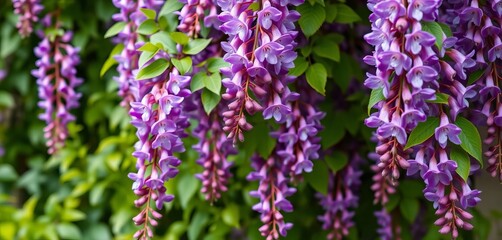 Naklejka premium Lush purple wisteria blossoms and vibrant green leaves, perfect for spring decor, close-up, photo