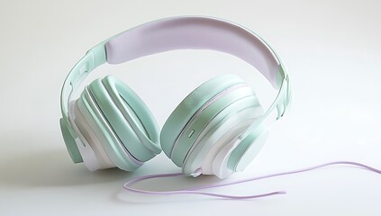 Mint Green and White Headphones with Purple Cable on White Surface

