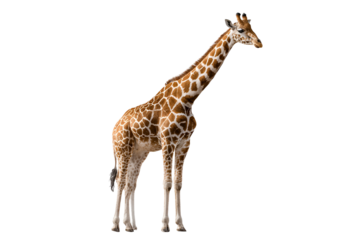 A full body studio shot of a giraffe with a black background