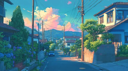 Peaceful afternoon stroll down a vibrant street pastel skies framing Japanese architecture in a dreamy neighborhood