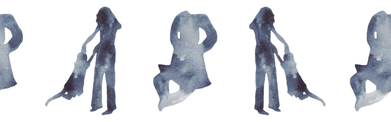 Watercolor border with silhouettes of a baby and family.Brush strokes in the form of blue silhouettes of bear.Silhouette of toy on white background
