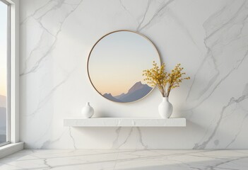 Round Wall Mirror Reflecting Mountain View with Minimal Decor, Round mirror with mountain view reflection