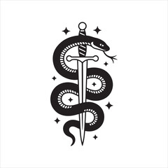 Stylized black snake wrapped around a sword with sparkle accents