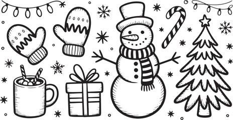 Snowman mittens candy cane hot chocolate gift box Christmas tree lights vector