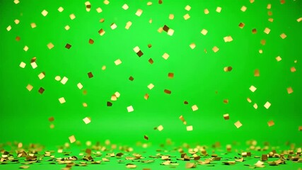 Festive gold confetti falling against a bright green background creating a celebratory atmosphere perfect for overlays. - Powered by Adobe