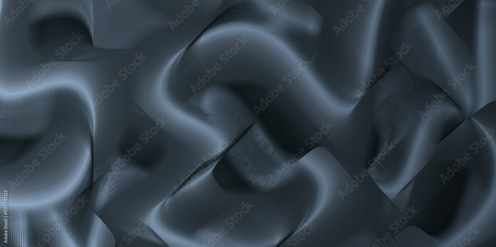 Poster A grid-like pattern adding complexity., The dark background enhances the bold, wave-like patterns in varying shades of dark gray and black.
