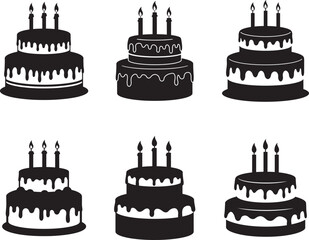 Collection of six tiered birthday cakes with melting frosting and candles silhouette