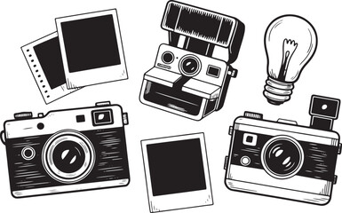 Vintage cameras instant photos and light bulb illustration black and white