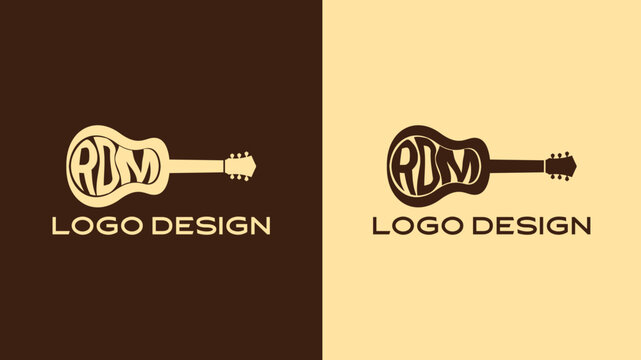 Creative guitar monogram logo featuring RDM initials inside a stylized guitar body with brown and beige color variations, ideal for musicians, music branding, or entertainment identity

