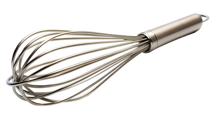 A shiny stainless steel whisk with a metal handle is isolated on a transparent background
