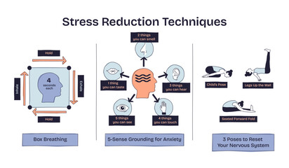 Stress reduction techniques are shown with box breathing, 5-sense grounding, and calming yoga poses as key elements. Doodle style diagram