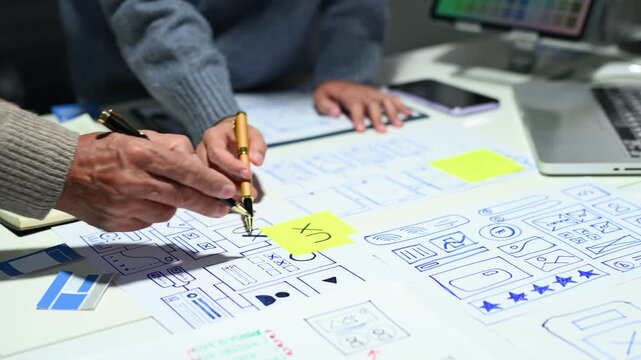 UX graphic designer planning application process development prototype wireframe for web smart phone.