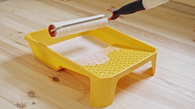 Close-up of a paint roller being loaded with wood primer from a yellow tray, preparing to coat a freshly sanded pine hardwood floor before varnish application, static camera, real-time
