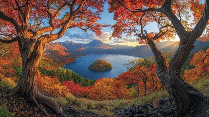 Autumnal lake vista framed by vibrant trees