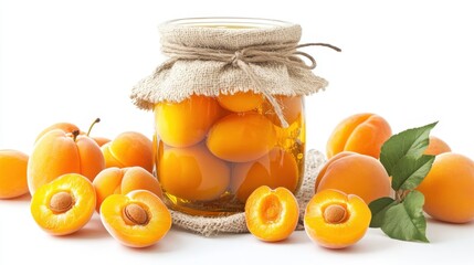 Jar of canned apricots with fresh ripe apricots on white background