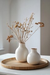 Minimal white vases with dried flowers on wooden tray in soft light