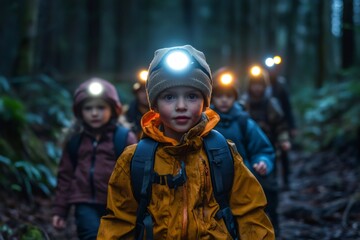 Children hiking in forest at night wearing headlamps