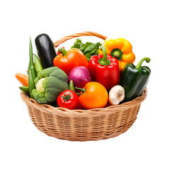 Vibrant Harvest: A wicker basket overflows with a rich assortment of fresh, colorful vegetables, representing the bounty of a thriving garden.